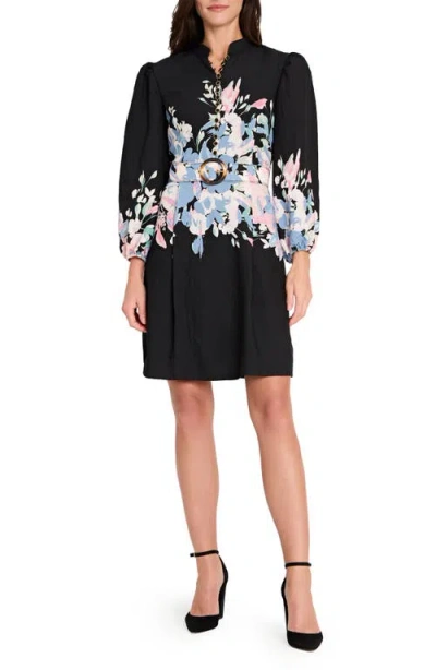 Tahari Asl Border Belted Puff Shoulder Dress In Black