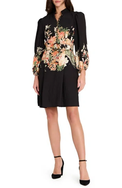 Tahari Asl Border Belted Puff Shoulder Dress In Black