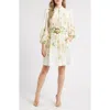 Tahari Asl Border Print Belted Long Sleeve Dress In Ivory Fern