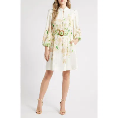 Tahari Asl Border Print Belted Long Sleeve Dress In Ivory Fern