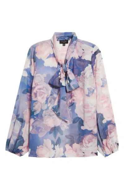 Tahari Asl Plus Size Printed Ruffle-tie Long-sleeve Blouse In Blue