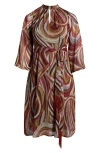 Tahari Asl Print Tie Belt Chiffon Midi Dress In Olive Multi