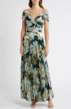 Tahari Asl Cold Shoulder Pleated Gown In Spruce Gold