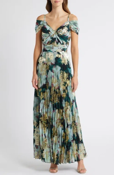 Tahari Asl Cold Shoulder Pleated Gown In Blue