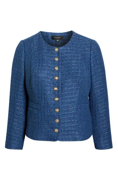 Tahari Asl Collarless Bouclé Jacket In Blue