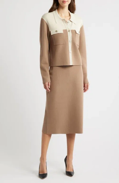 Tahari Asl Colorblock Knit Jacket In Clay Ecru