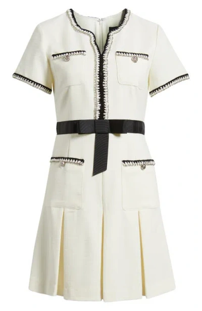 Tahari Asl Contrast Trim Short Sleeve Dress In Ecru