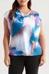Tahari Asl Plus Size Printed Cowl-neck Blouse In Indigo Multi