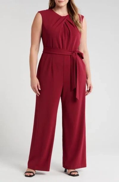 Tahari Asl Cross Neck Tie Waist Sleeveless Jumpsuit In Mulberry