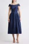 Tahari Asl Crushed Taffeta Off The Shoulder Cocktail Dress In Navy