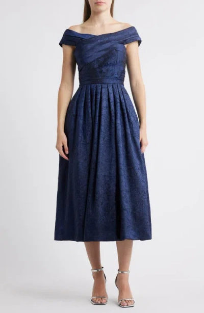 Tahari Asl Crushed Taffeta Off The Shoulder Cocktail Dress In Navy