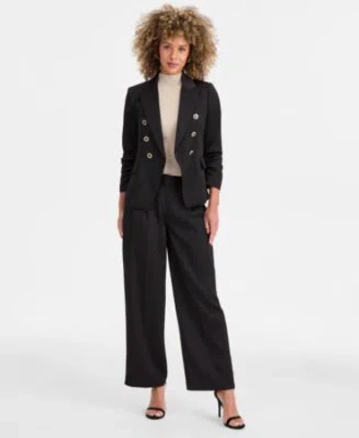 Tahari Asl Double Breasted Blazer Mock Neck Sweater Satin Pants In Animal Print