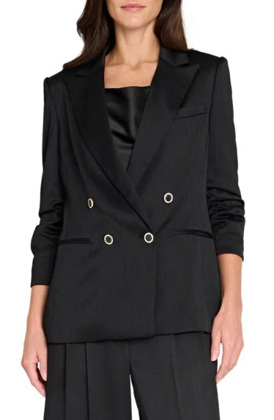 Tahari Asl Double Breasted Crinkle Satin Blazer In Black