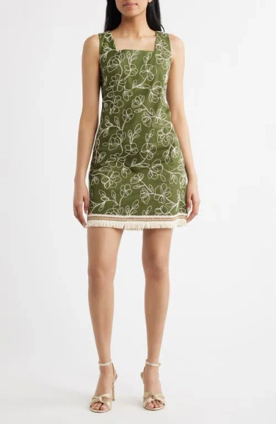 Tahari Asl Embroidered Fray Hem Sleeveless Minidress In Green