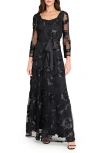 Tahari Asl Embroidered Sheer Long Sleeve Gown In Black