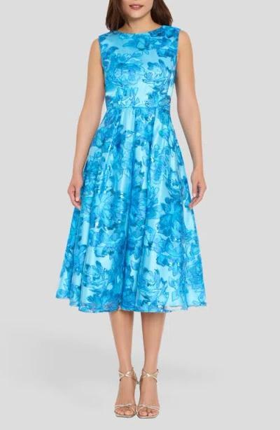 Tahari Asl Embroidered Sleeveless Fit & Flare Midi Dress In Blue