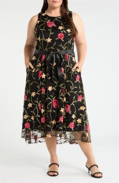 Tahari Asl Embroidered Sleeveless Midi Dress In Black