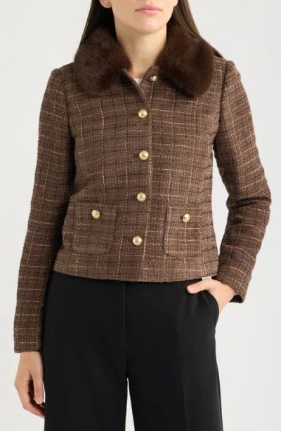 Tahari Asl Faux Fur Collar Boucle Cropped Jacket In Brown
