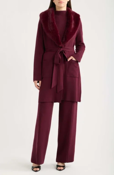 Tahari Asl Faux Fur Collar Cardigan In Cranberry
