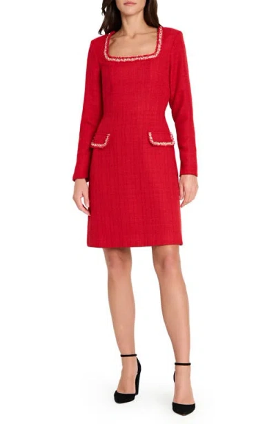 Tahari Asl Faux Pearl & Rhinestone Detail Long Sleeve Tweed Dress In Animal Print