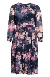 Tahari Asl Floral Belted Long Sleeve Dress In Blue