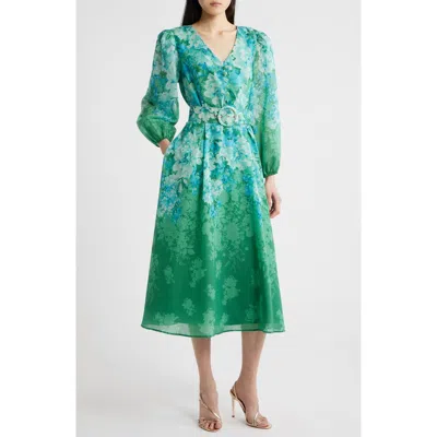 Tahari Asl Floral Belted Long Sleeve Dress In Green