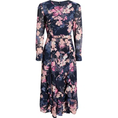 Tahari Asl Floral Belted Ruffle Hem Midi Dress In Blue