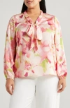 Tahari Asl Floral Bow Neck Charmeuse Top In Peach Watercolor
