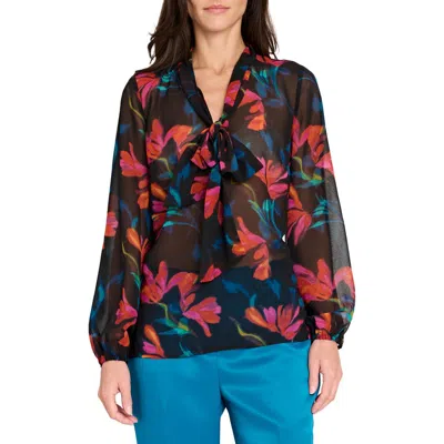 Tahari Asl Floral Bow Neck Chiffon Top In Multi