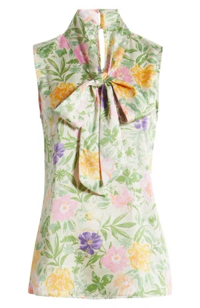 TAHARI ASL TAHARI ASL FLORAL BOW NECK SLEEVELESS CHARMEUSE TOP