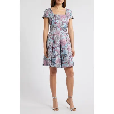 Tahari Asl Floral Brocade Fit & Flare Dress In Ice Blue Multi