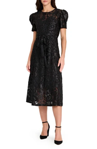 Tahari Asl Floral Burnout Puff Sleeve Midi Dress In Black