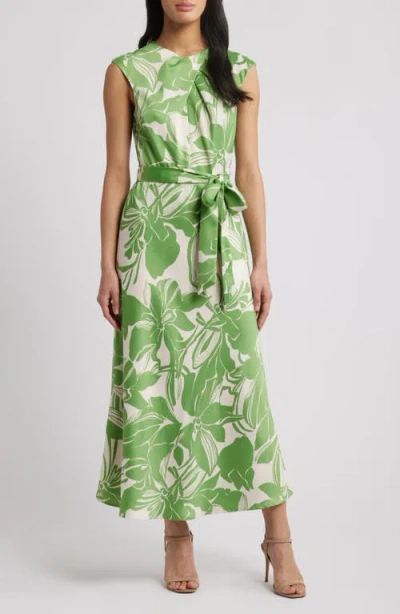 Tahari Asl Floral Cross Neck Sleeveless Midi Dress In Fern Sand