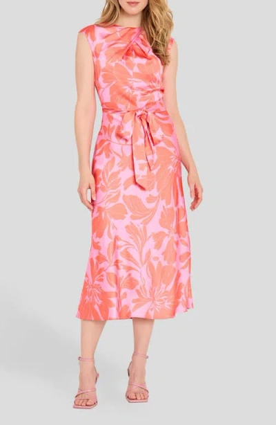 Tahari Asl Floral Cross Neck Sleeveless Midi Dress In Pink