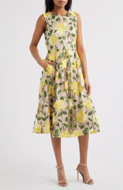 Tahari Asl Floral Embroidered Sleeveless Dress In Beige Butter