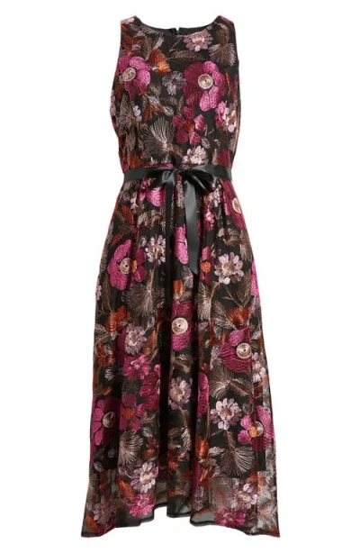 Tahari Asl Floral Embroidered Sleeveless Midi Dress In Black Rose