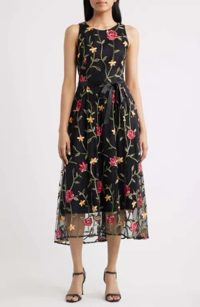 Tahari Asl Floral Embroidered Sleeveless Midi Dress In Multi