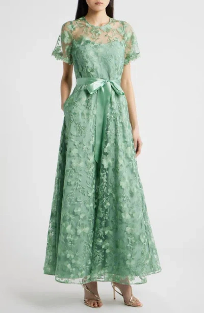 Tahari Asl Floral Embroidery Short Sleeve Gown In Green
