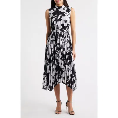 Tahari Asl Floral Handkerchief Hem Pleated Midi Dress In Black