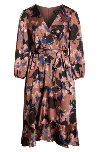 Tahari Asl Floral Long Sleeve Satin Faux Wrap Dress In Brown