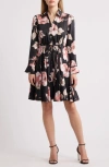 Tahari Asl Floral Long Sleeve Shirtdress In Black Pink