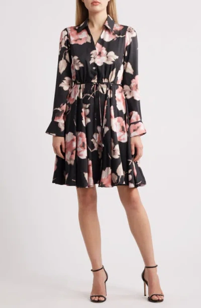 Tahari Asl Floral Long Sleeve Shirtdress In Black Pink