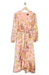 Tahari Asl Floral Long Sleeve Tie Waist Dress In Pink Bouquet