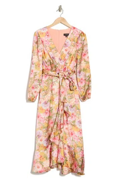 Tahari Asl Floral Long Sleeve Tie Waist Dress In Pink Bouquet
