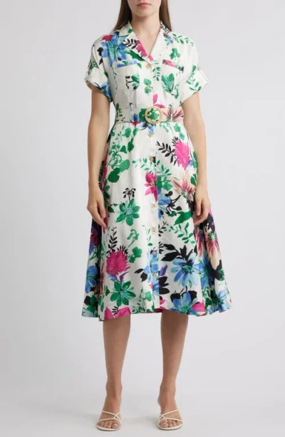 Tahari Asl Floral Midi Shirtdress In Ivory Multi
