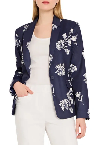 Tahari Asl Floral One Button Blazer In Blue