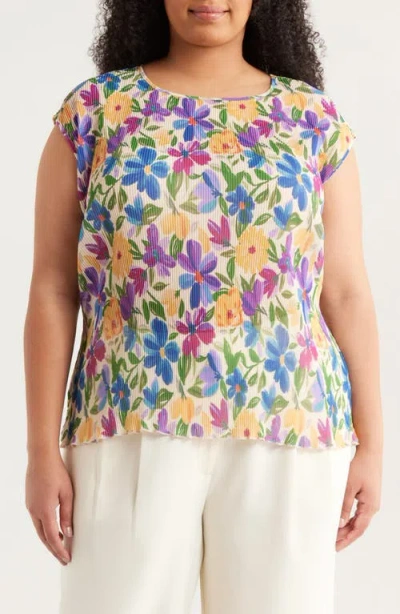 Tahari Asl Floral Plissé Cap Sleeve Top In Brown