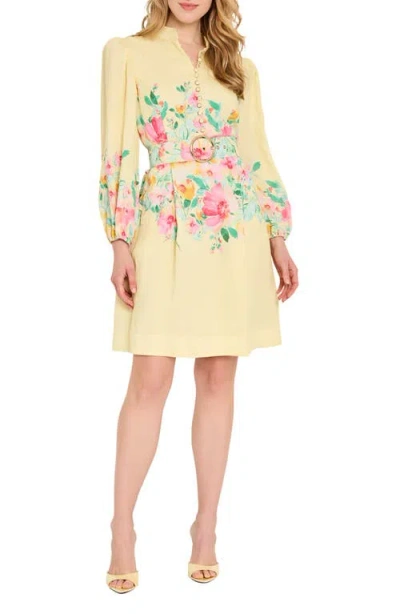 Tahari Asl Floral Print Button Front Long Sleeve Dress In Neutral