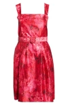 Tahari Asl Floral Print Crinkle Belted Dress In Red
