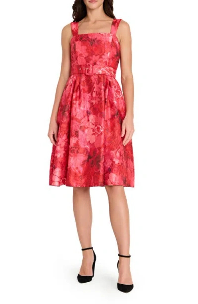 TAHARI ASL TAHARI ASL FLORAL PRINT CRINKLE BELTED DRESS